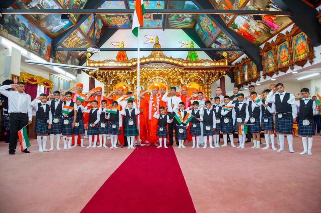 The 77th Independence Day was celebrated with great gaiety at Swaminarayan Temple, Bolton, UK under the chairmanship of Jitendriyapriyadas.